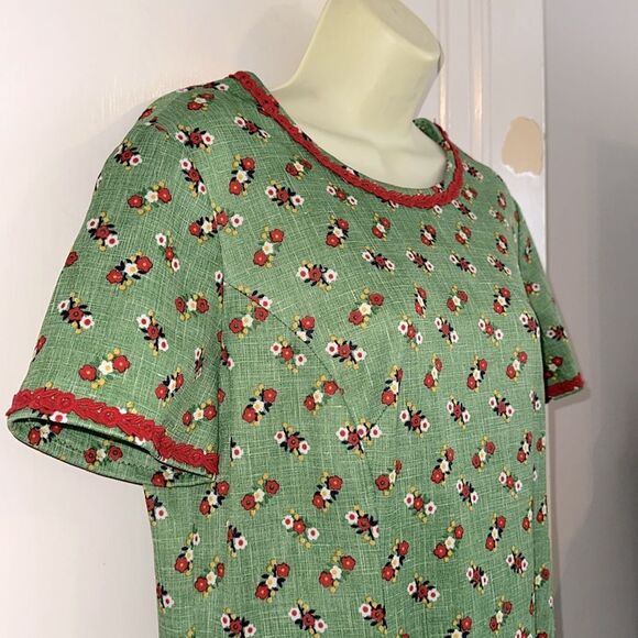Vtg 60s Handmade green & red floral print polyester knit short sleeve dress - Picture 6 of 8